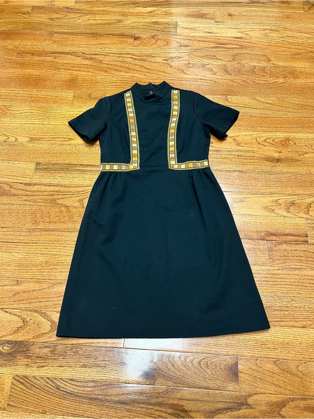 Black Short-Sleeve A-Line Dress with Decorative Trim- vintage 70s Sears dress